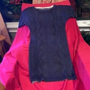 Merino wool sweater dress in multi blue, black and grey, above knee